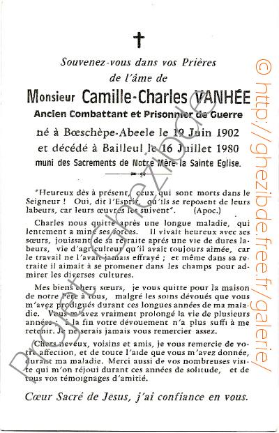 Camille Charles Vanhee, dcd  Bailleul, le 16 Juillet 1980.